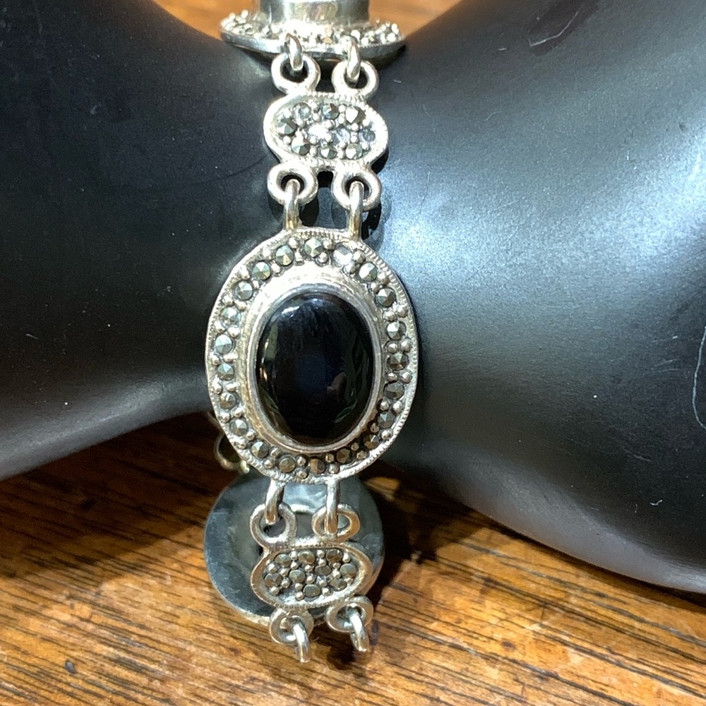 Vintage Sterling Silver Marcasite and Onyx Medallion Bracelet